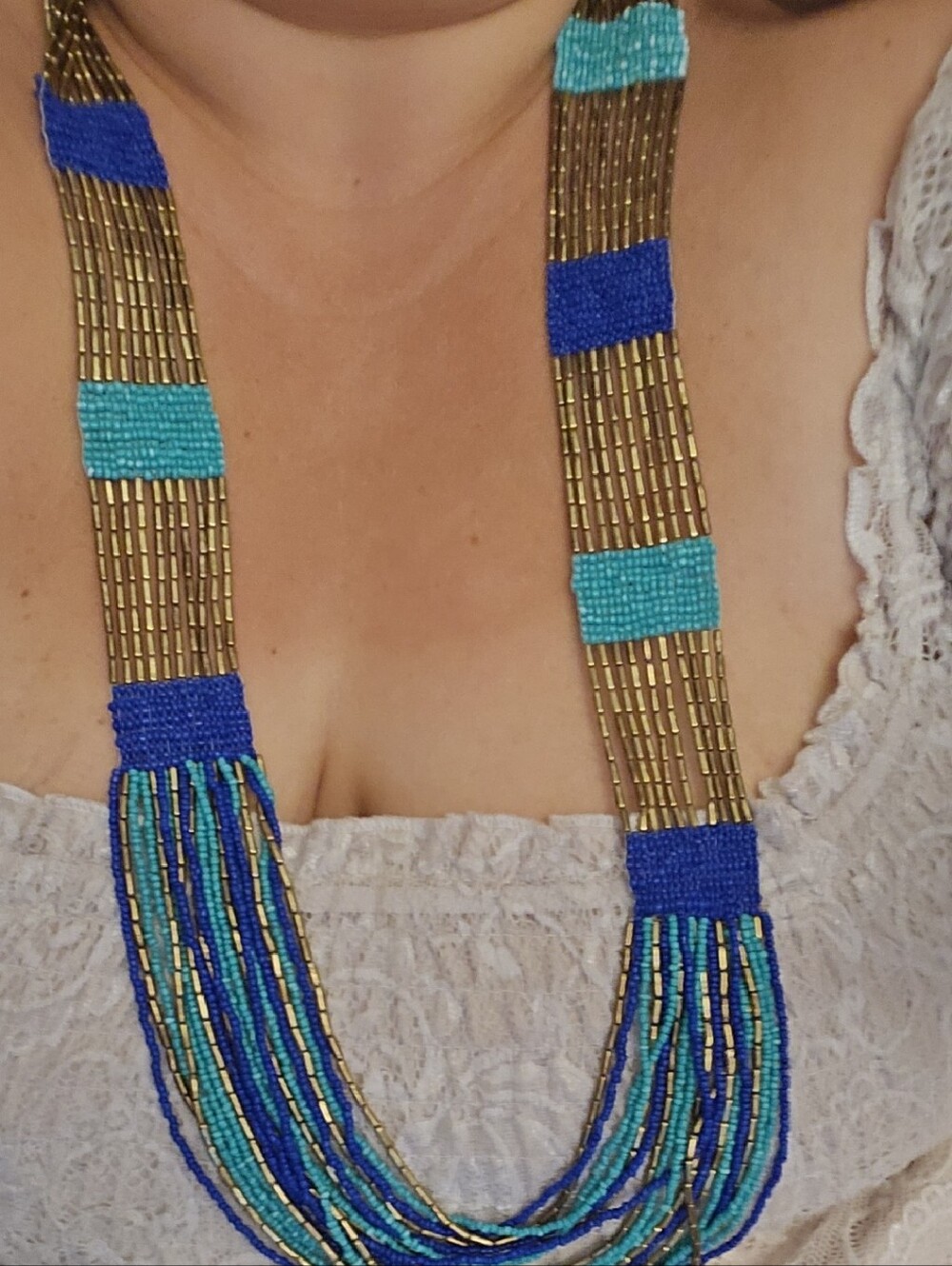 Handmade Multi-Strand Beaded Statement Necklace Blue, Teal & Metallic Gold